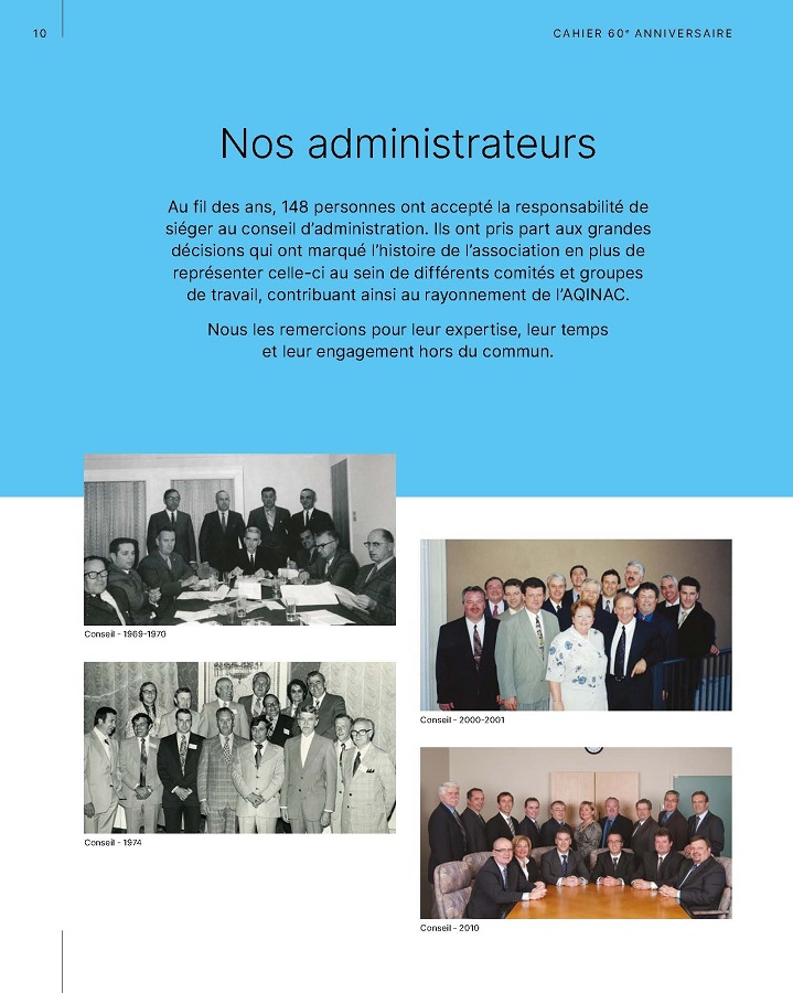 Cahier souvenir 60 anniversaire AQINAC - Administrateurs 1963 à 2023